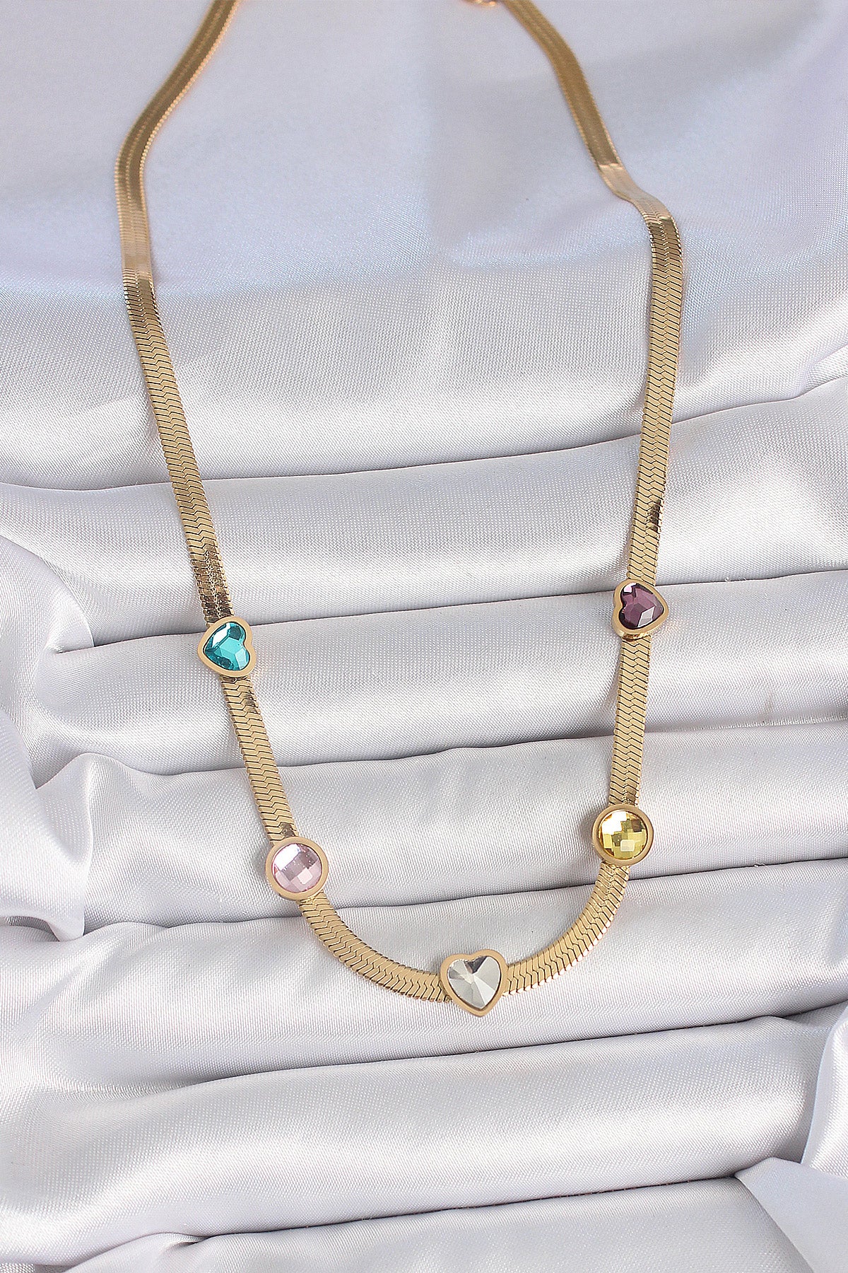 316L Stainless Steel Gold-Tone Multicolor Italian Chain Heart Women's Necklace with Zircon Detail
