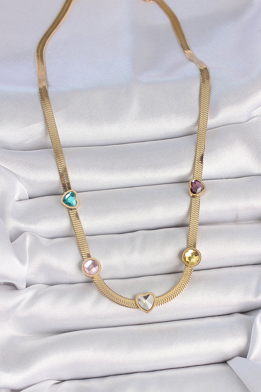 316L Stainless Steel Gold-Tone Multicolor Italian Chain Heart Women's Necklace with Zircon Detail