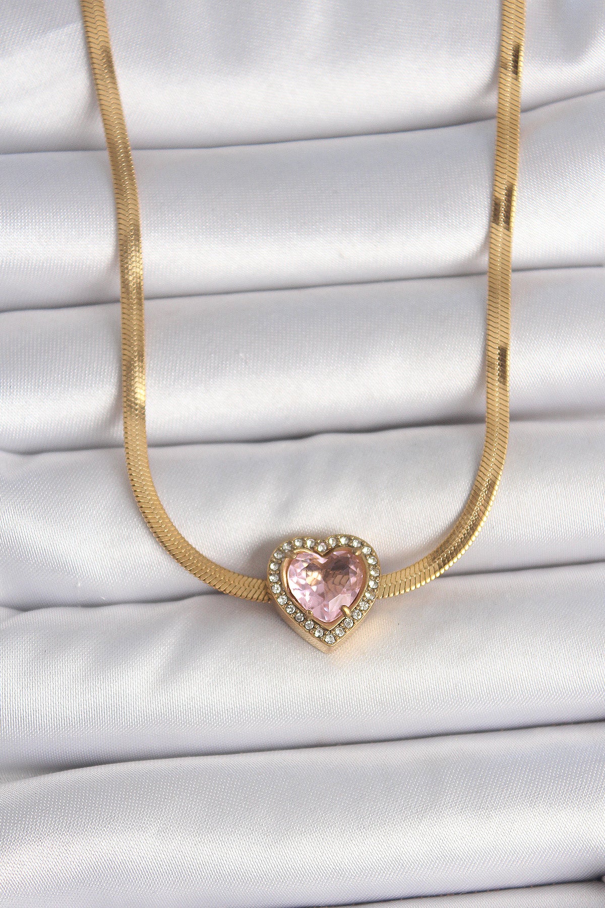 316L Stainless Steel Gold-Tone Pink Italian Chain Heart Women's Necklace with Zircon Detail