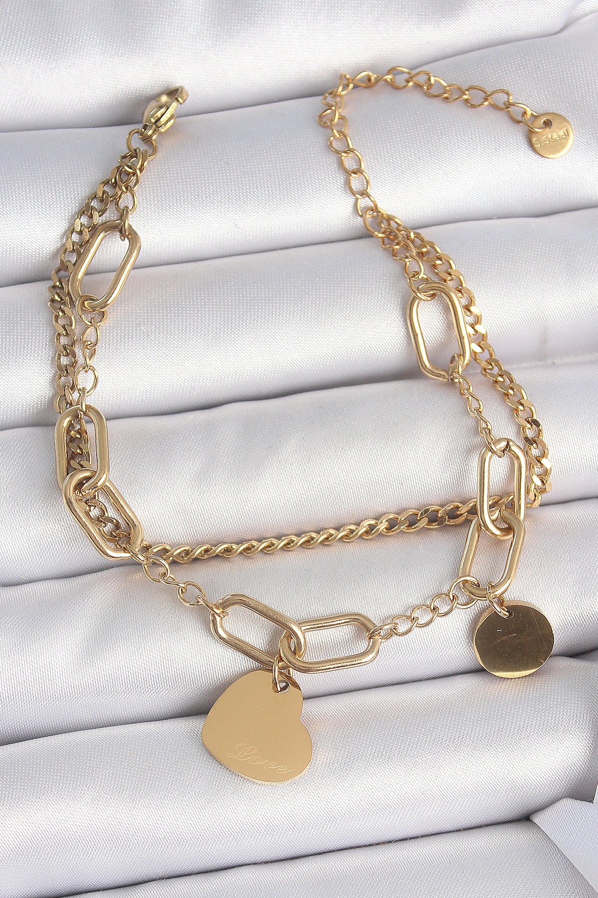 316L Çelik Gold Renk 2'Li Zincir Model Sallantı Kalp Figür Kadın Bileklik