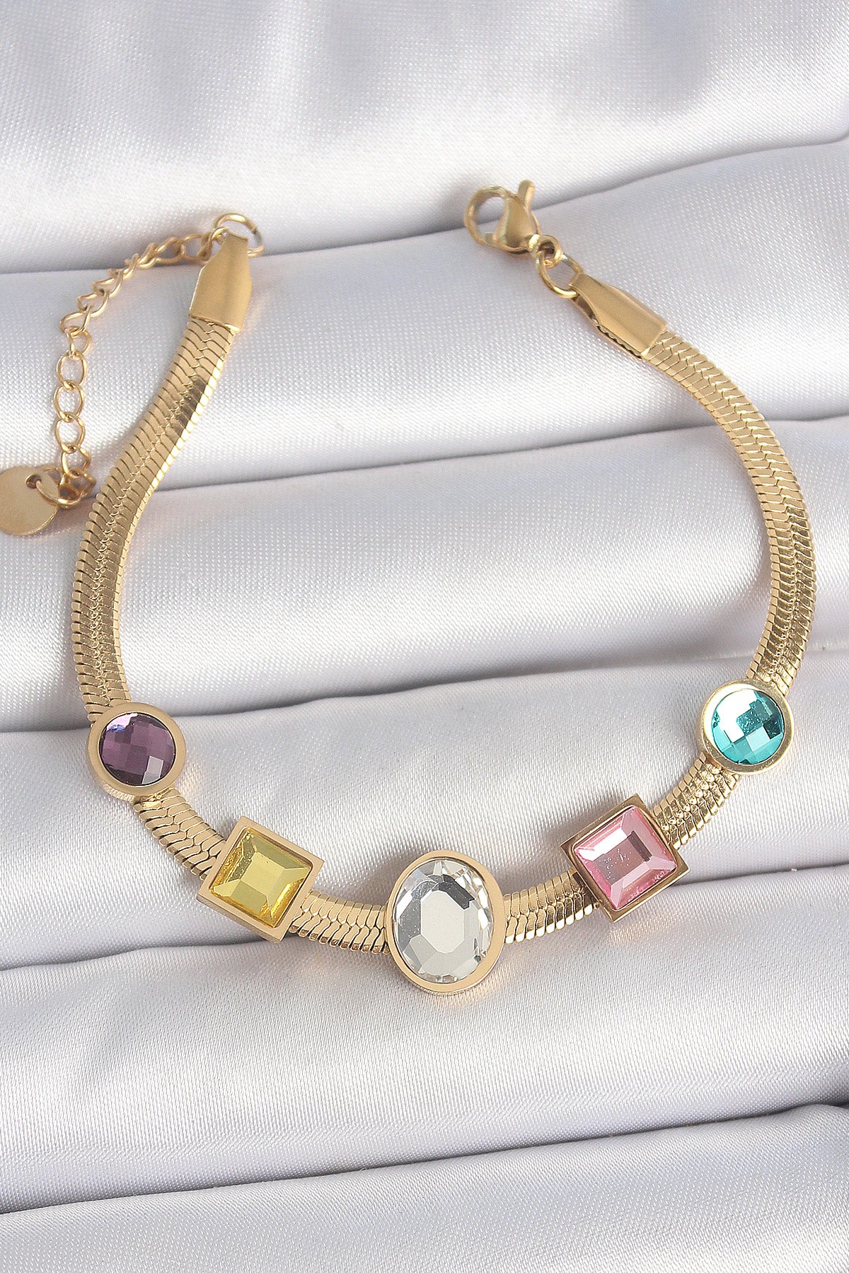 316L Çelik Gold Renk İtalyan Zincir Renkli Zirkon Taşlı Kadın Bileklik