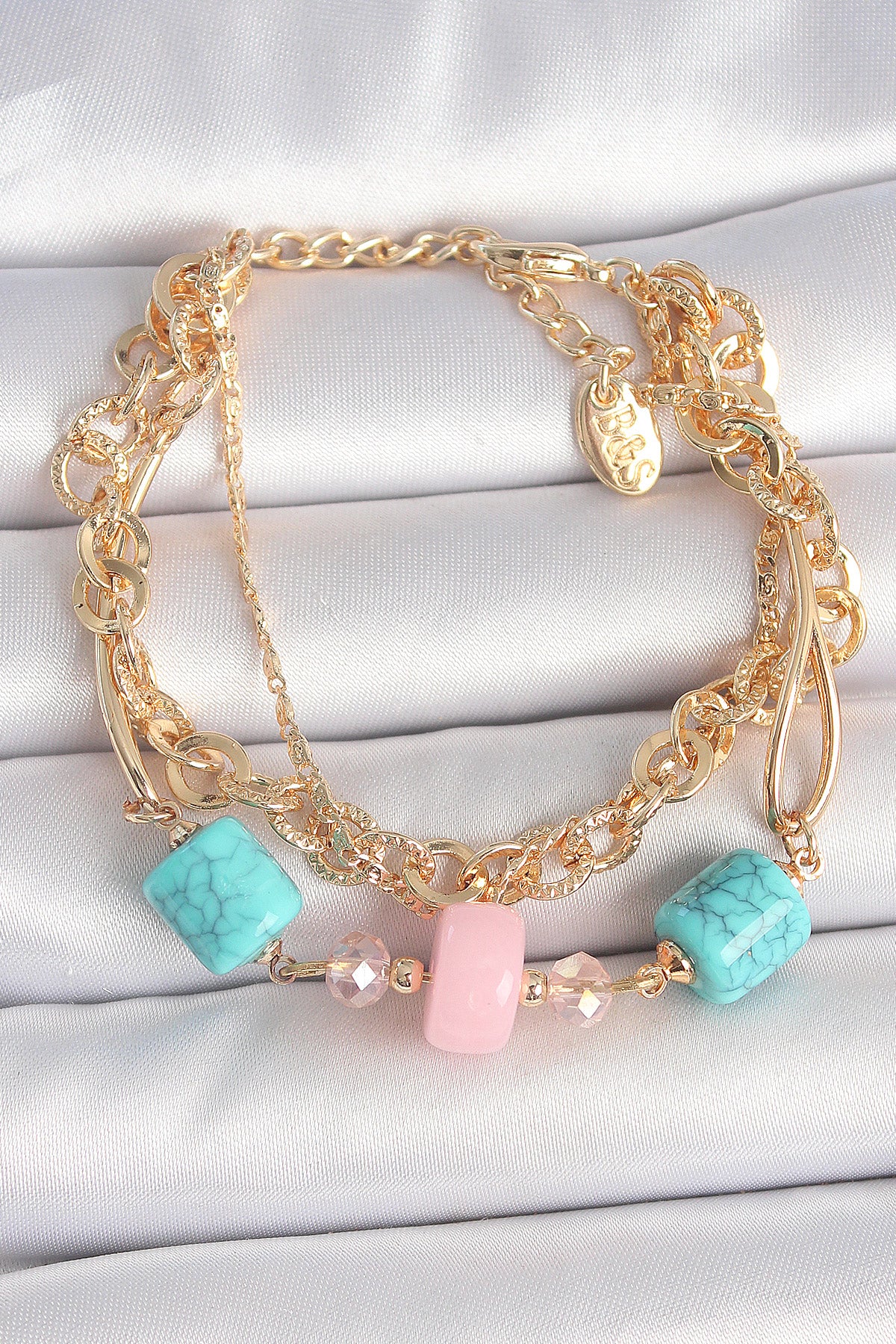 Brass Gold Color Multi-Chain Model Blue Stone Figured Women's Bracelet