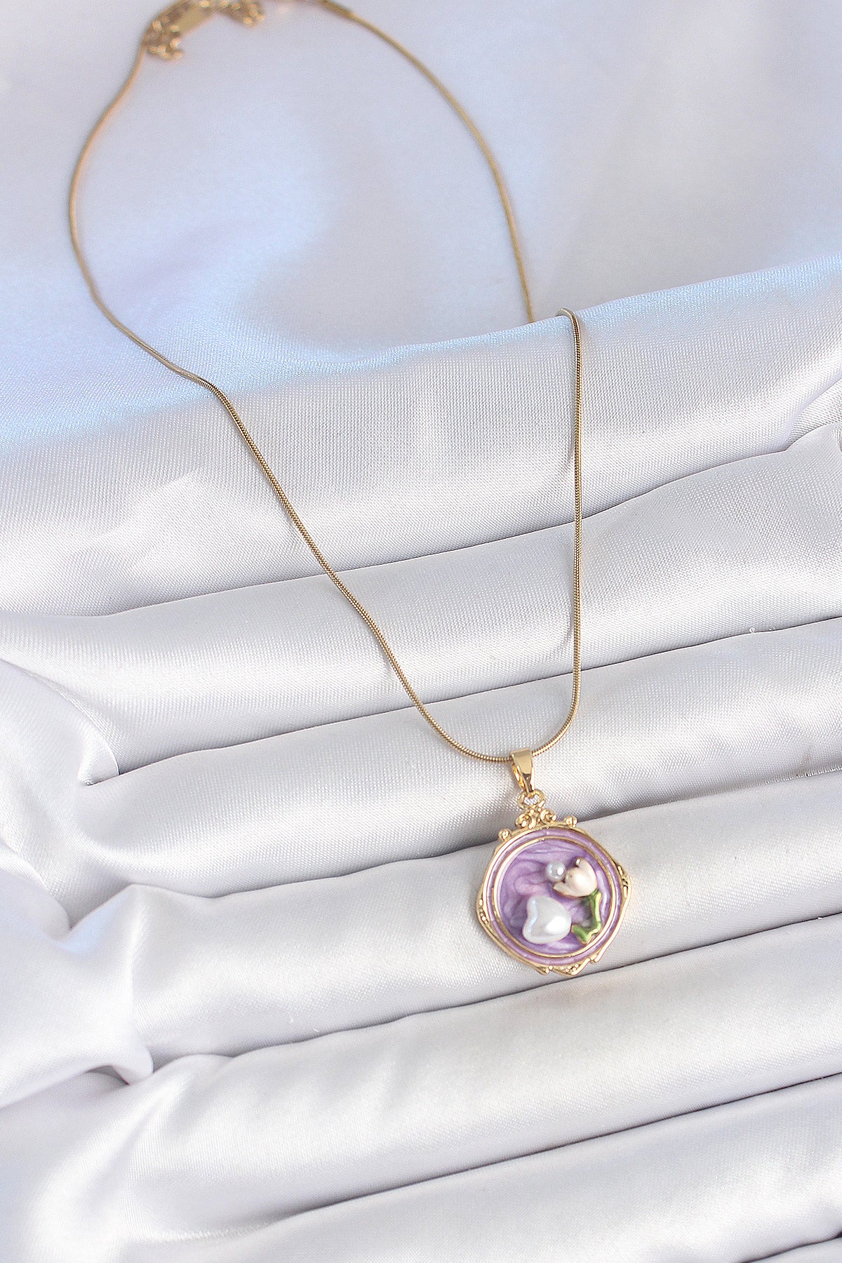 316L Stainless Steel Gold-Tone Purple Flower Artistic Portrait Women's Necklace with Pearl Detail and Enamel Detail