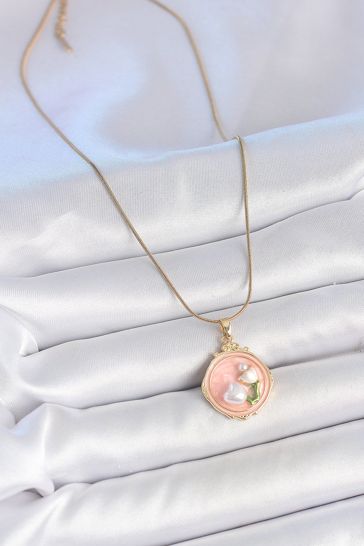 316L Stainless Steel Gold-Tone Pink Flower Artistic Portrait Women's Necklace with Pearl Detail and Enamel Detail