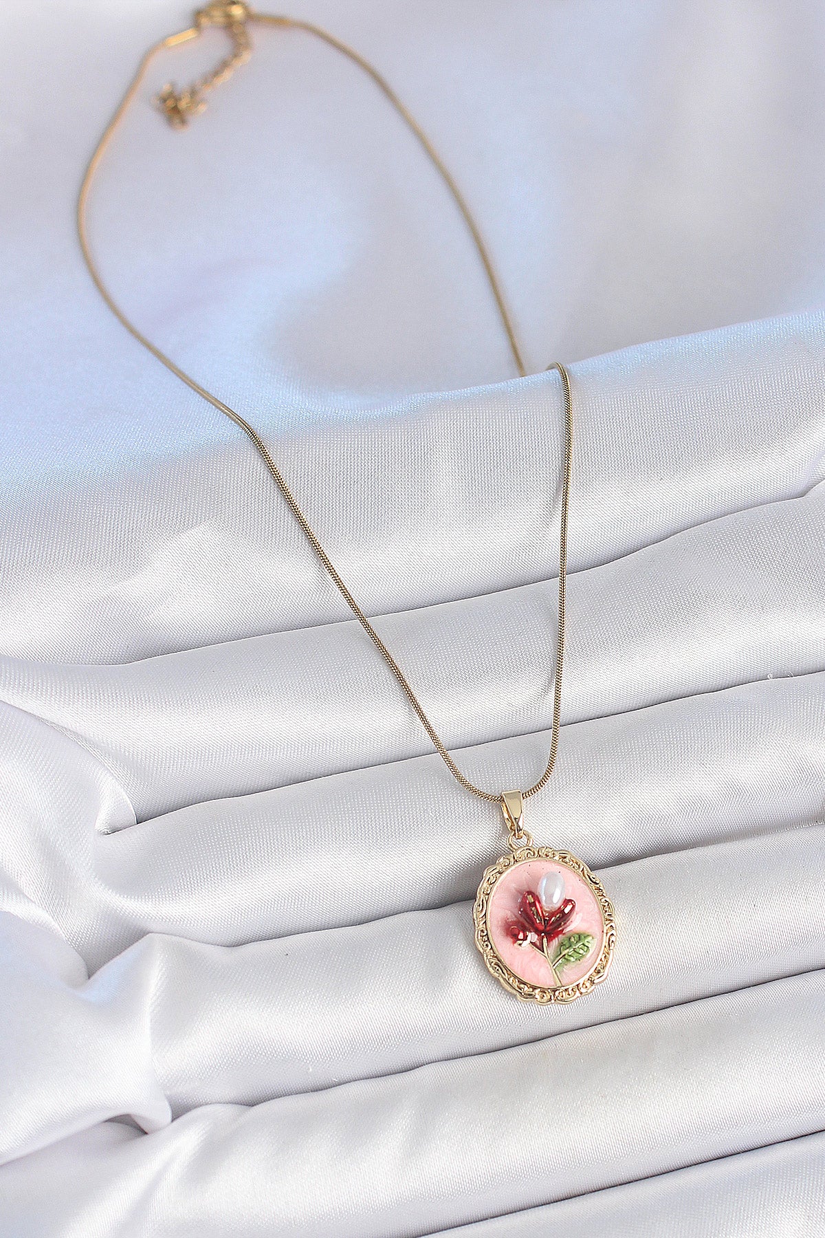 316L Stainless Steel Gold-Tone Pink Flower Artistic Portrait Women's Necklace with Pearl Detail and Enamel Detail