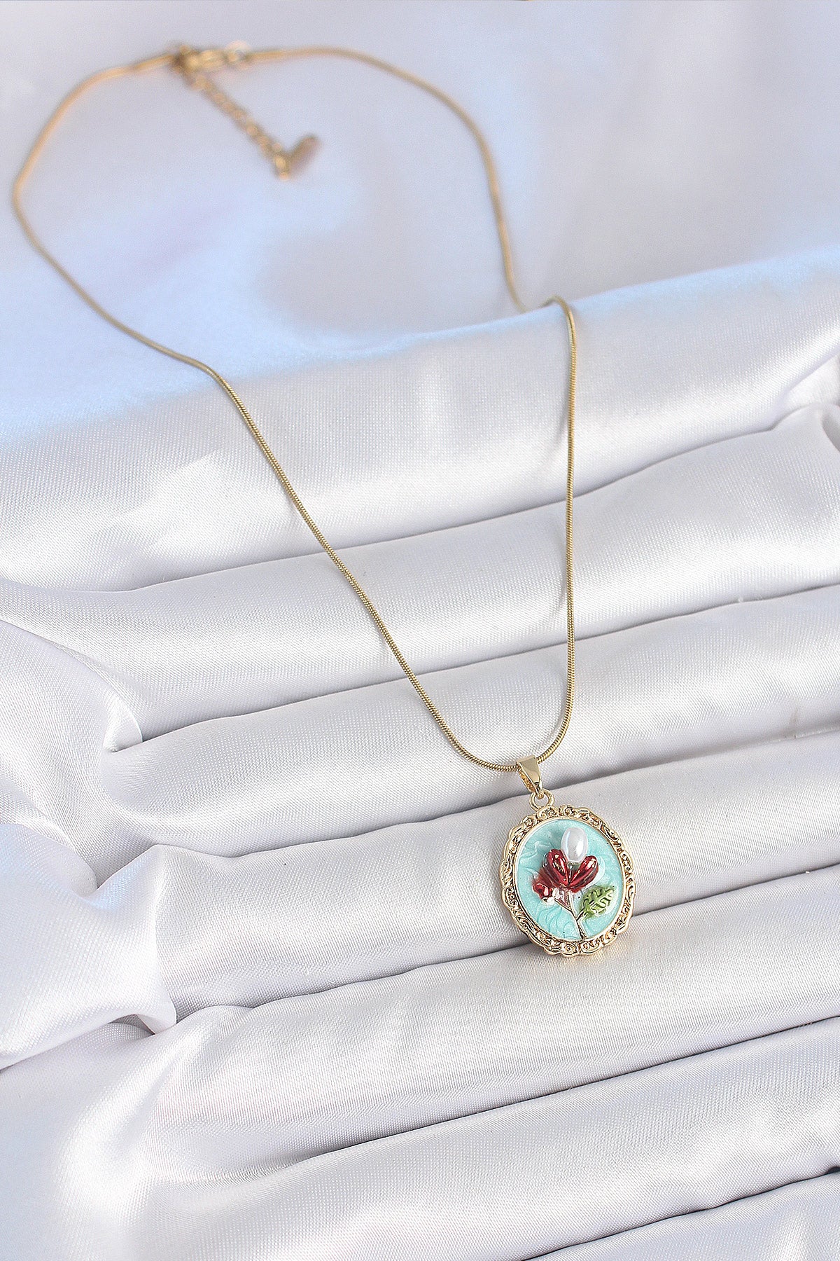 316L Stainless Steel Gold-Tone Turquoise Flower Artistic Portrait Women's Necklace with Pearl Detail and Enamel Detail