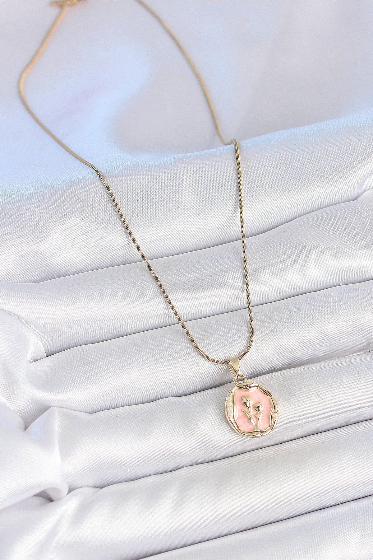 316L Stainless Steel Gold-Tone Pink Flower Artistic Portrait Women's Necklace with Enamel Detail