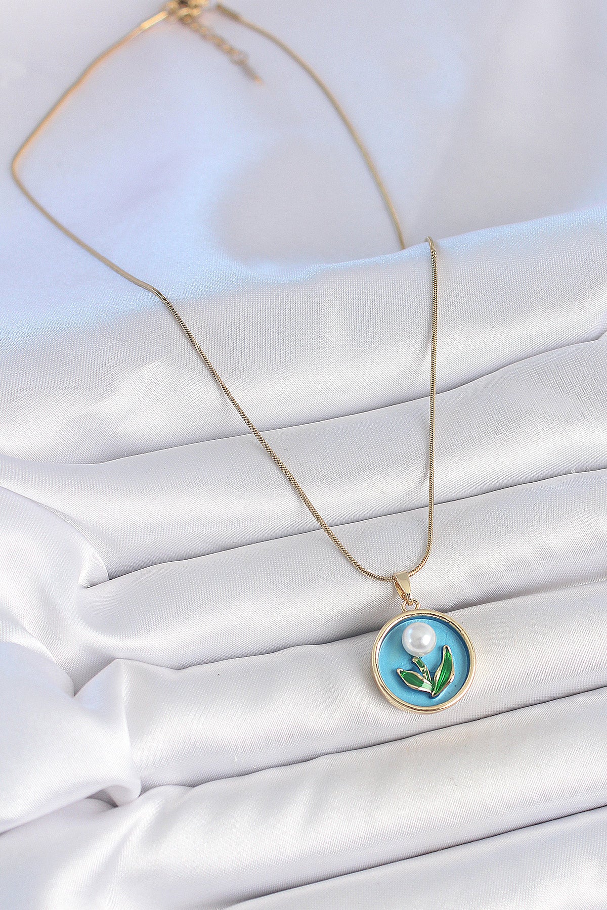 316L Stainless Steel Gold-Tone Blue Flower Artistic Portrait Women's Necklace with Pearl Detail and Enamel Detail