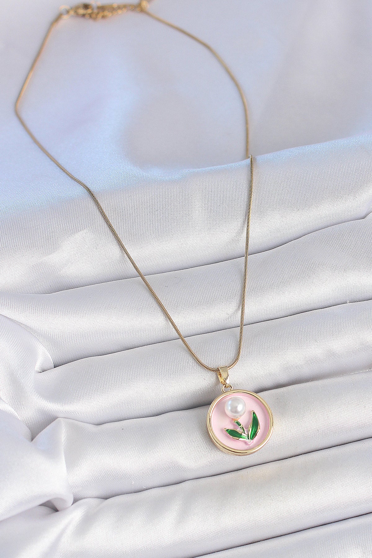 316L Stainless Steel Gold-Tone Pink Flower Artistic Portrait Women's Necklace with Pearl Detail and Enamel Detail