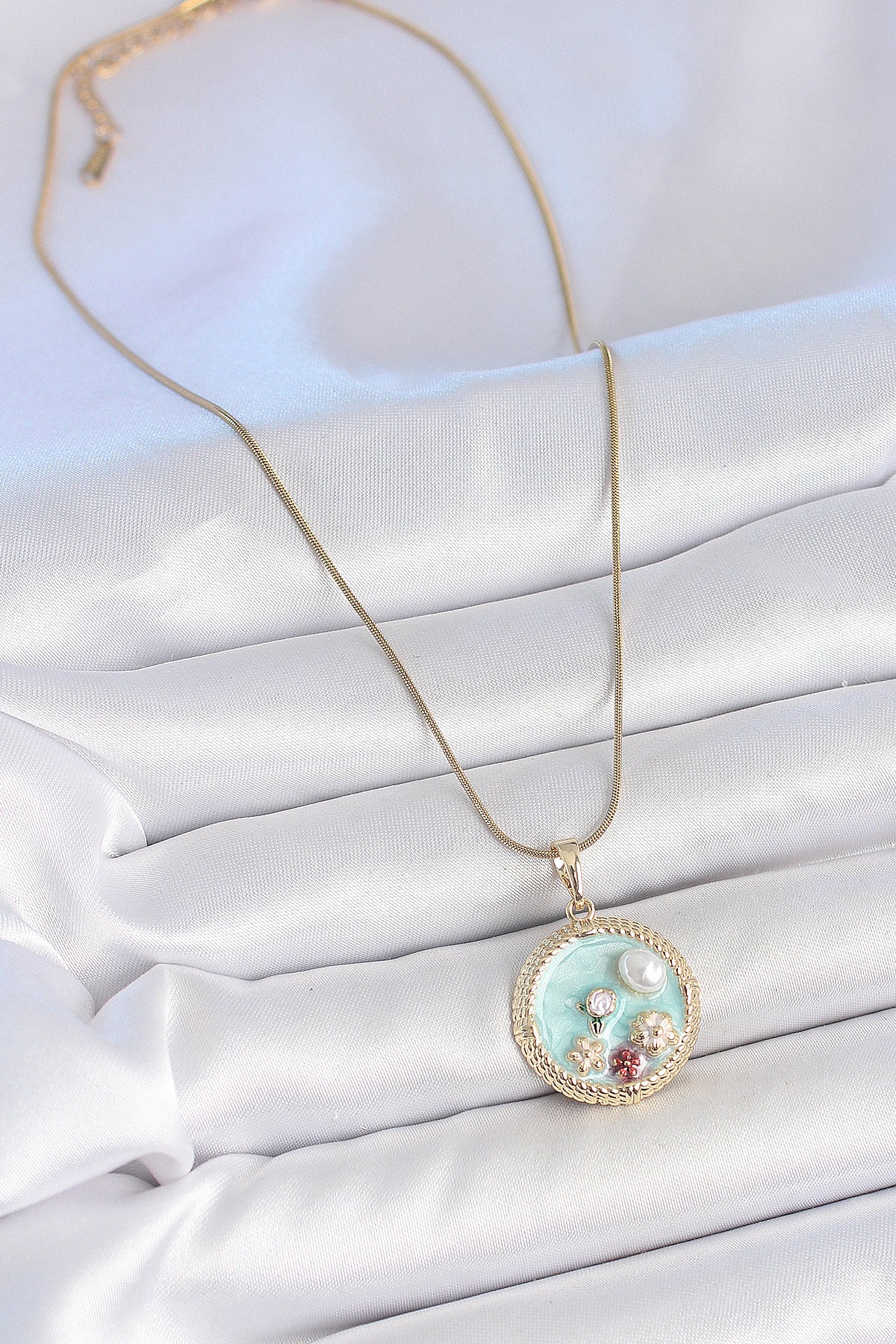 316L Stainless Steel Gold-Tone Blue Flower Medallion Women's Necklace with Zircon Detail and Pearl Detail and Enamel Detail