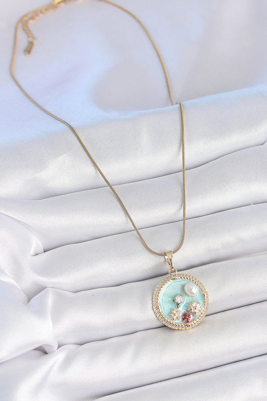 316L Stainless Steel Gold-Tone Blue Flower Medallion Women's Necklace with Zircon Detail and Pearl Detail and Enamel Detail