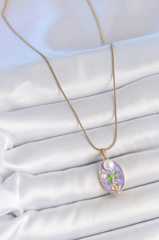316L Stainless Steel Gold-Tone Purple Flower Artistic Portrait Women's Necklace with Pearl Detail and Enamel Detail