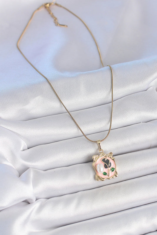 316L Stainless Steel Gold-Tone Pink Flower Artistic Portrait Women's Necklace with Pearl Detail and Enamel Detail