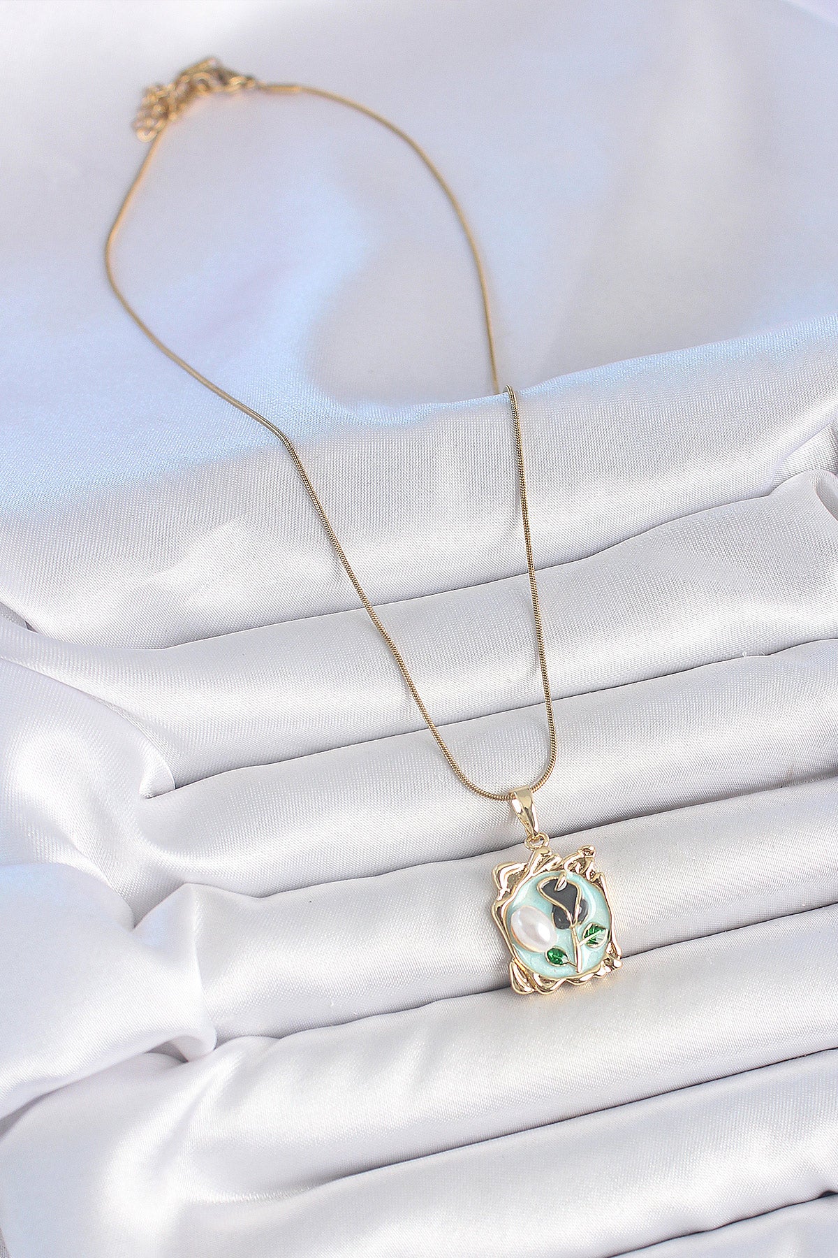 316L Stainless Steel Gold-Tone Blue Flower Artistic Portrait Women's Necklace with Pearl Detail and Enamel Detail