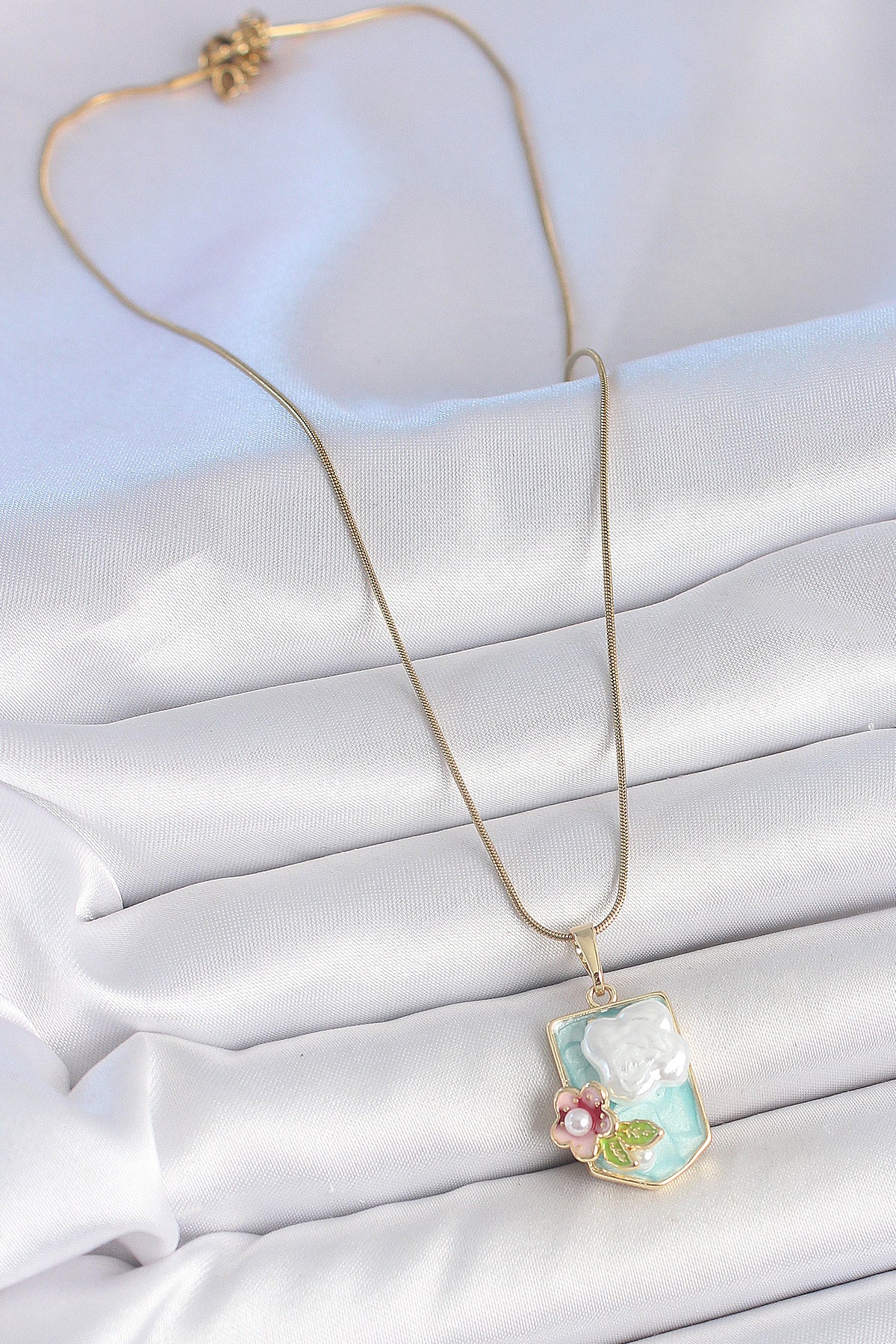 316L Stainless Steel Gold-Tone Blue Flower Artistic Portrait Women's Necklace with Pearl Detail and Enamel Detail