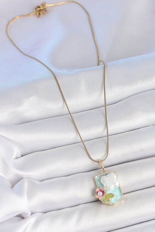 316L Stainless Steel Gold-Tone Blue Flower Artistic Portrait Women's Necklace with Pearl Detail and Enamel Detail