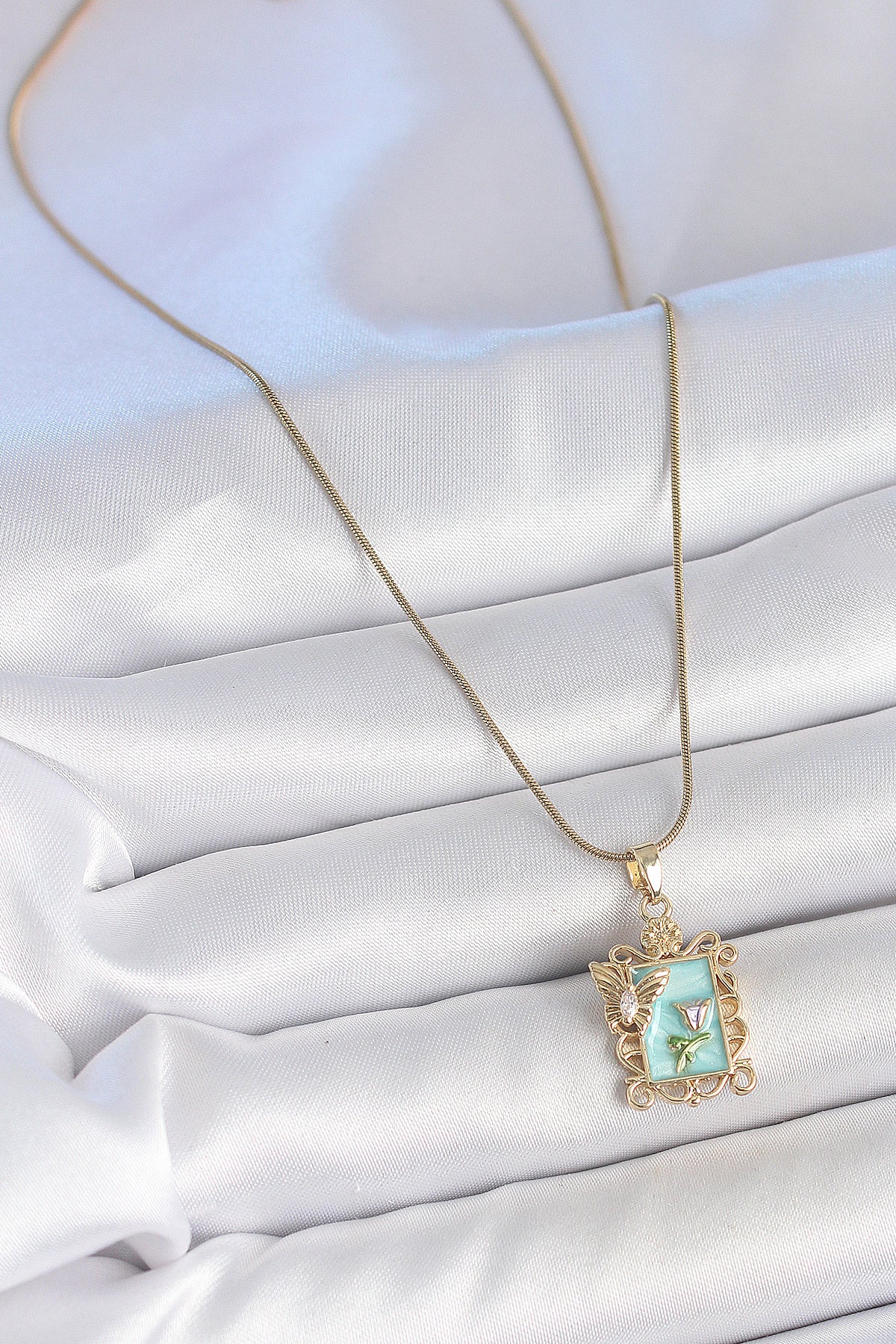 316L Stainless Steel Gold-Tone Blue Butterfly and Flower Artistic Portrait Women's Necklace with Zircon Detail and Enamel Detail