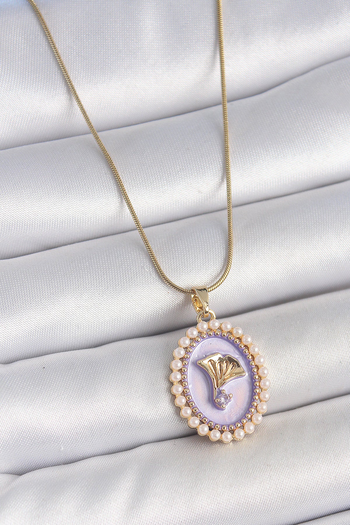 316L Stainless Steel Gold-Tone Purple Flower Artistic Portrait Women's Necklace with Zircon Detail and Pearl Detail and Enamel Detail