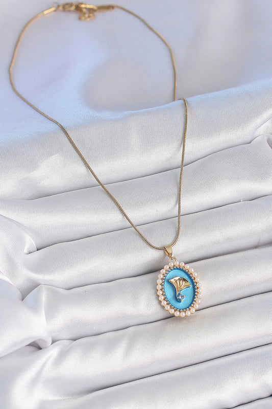 316L Stainless Steel Gold-Tone Blue Flower Artistic Portrait Women's Necklace with Zircon Detail and Pearl Detail and Enamel Detail