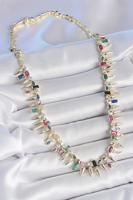 Brass Gold-Tone Thorn Women's Necklace with Zircon Detail