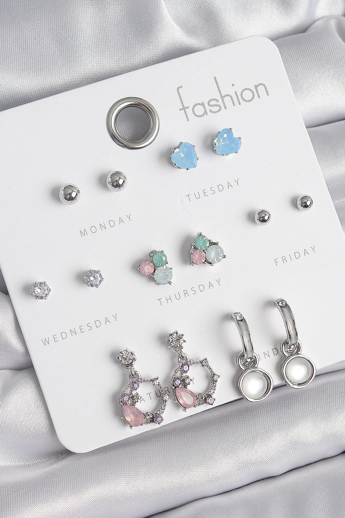 Brass Silver Color Zircon Stone Dangle Ring Model Flower Detail 7 Pairs Women's Earring Set