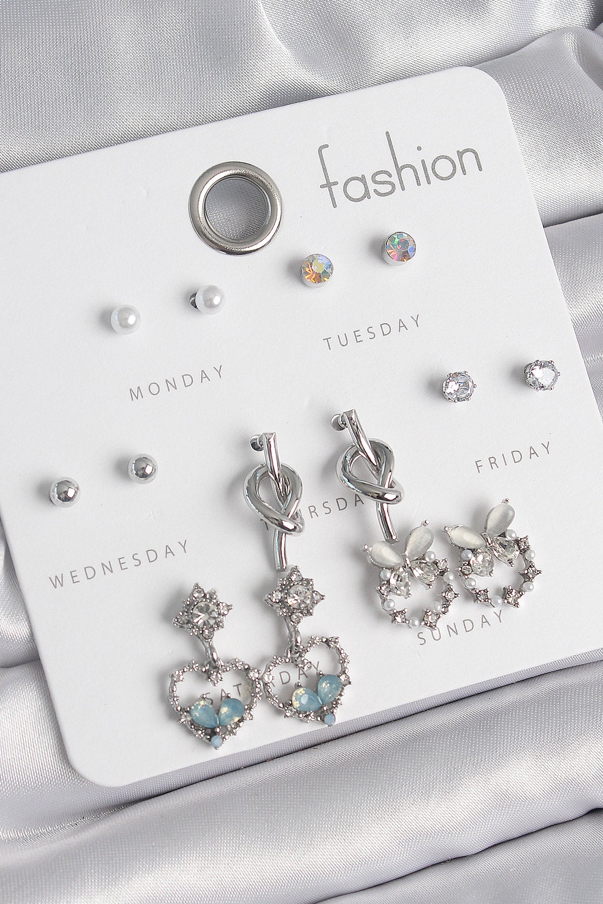 Brass Silver Color Dangle Zircon Stone Heart Model Knot Detail 7 Pairs Women's Earring Set