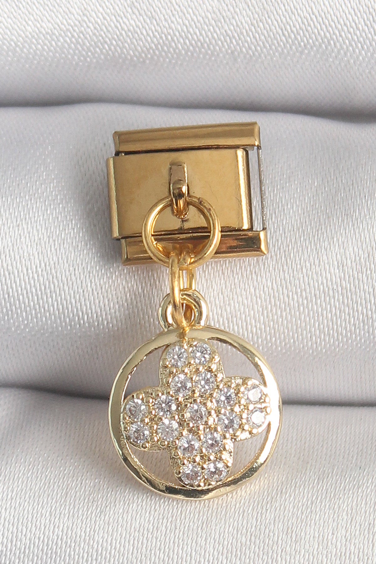 316L Stainless Steel Gold-Tone Clover Dangle Modular Bracelet Charm with Zircon Detail
