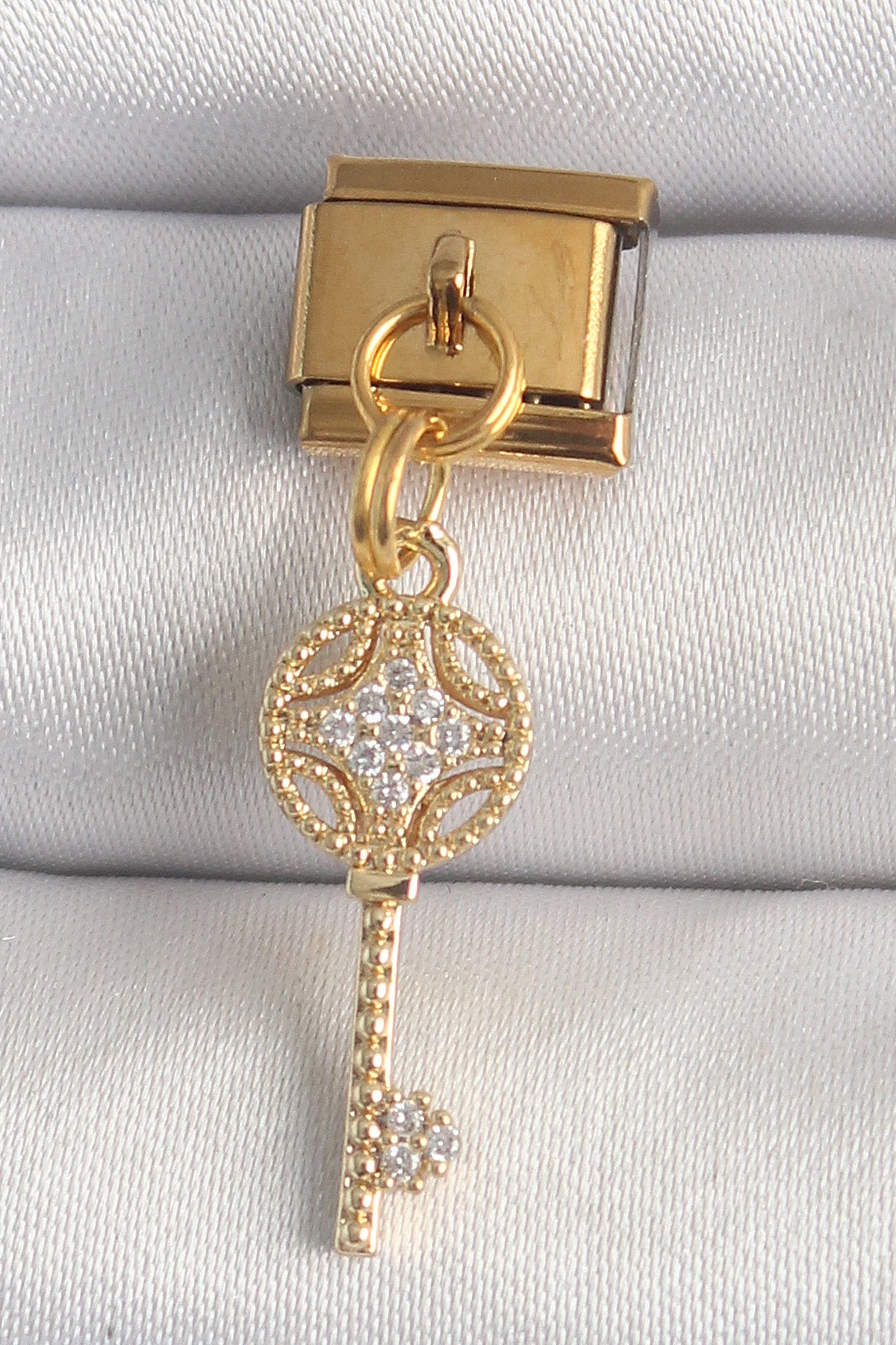 316L Stainless Steel Gold-Tone Key Dangle Modular Bracelet Charm with Zircon Detail