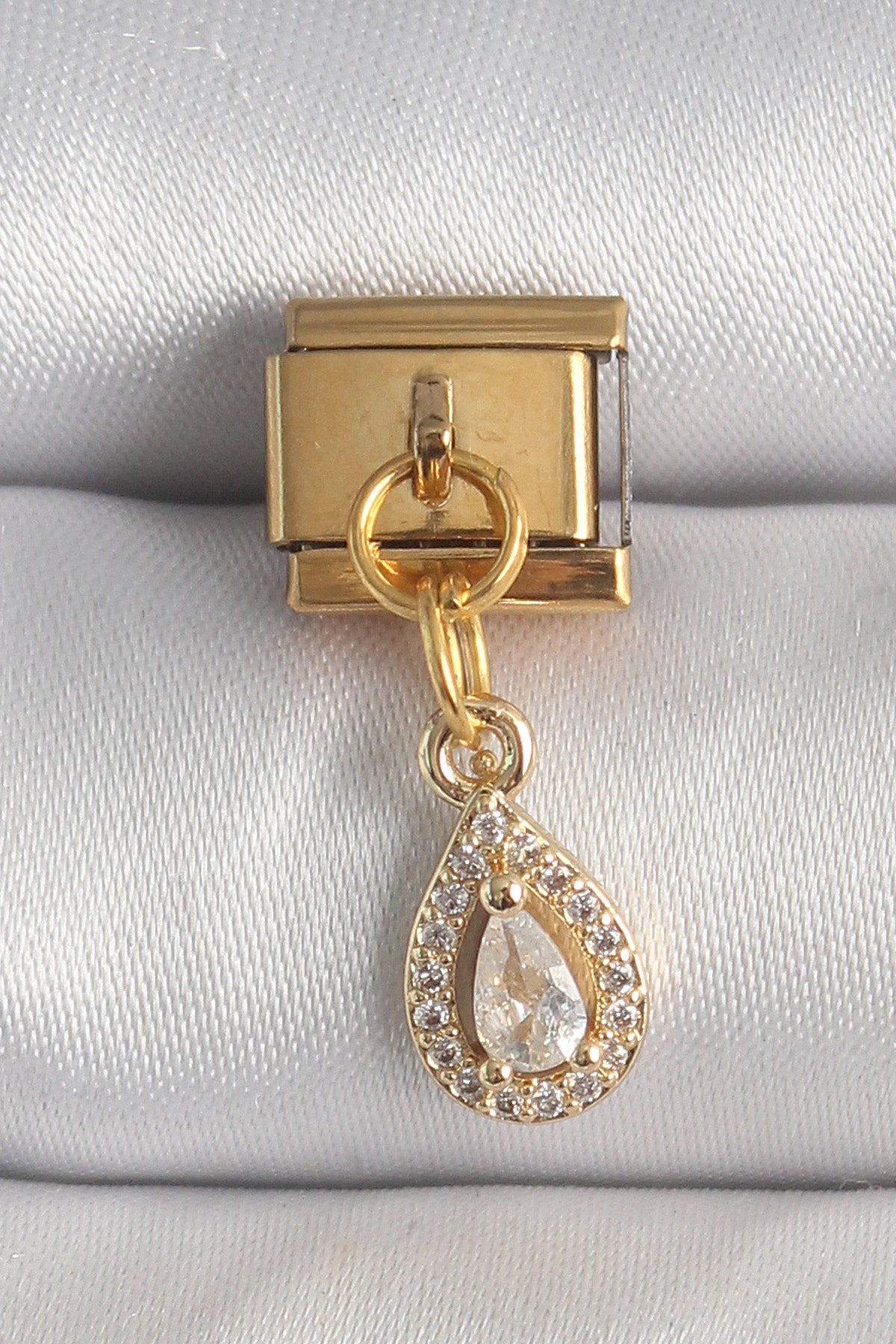 316L Stainless Steel Gold-Tone Teardrop Dangle Modular Bracelet Charm with Zircon Detail