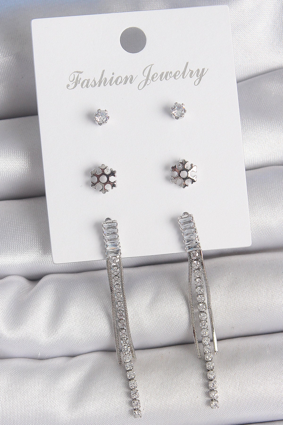 Brass Gold Color Zircon Stone Dangling Flower Detail 3 Pair Women's Earring Set