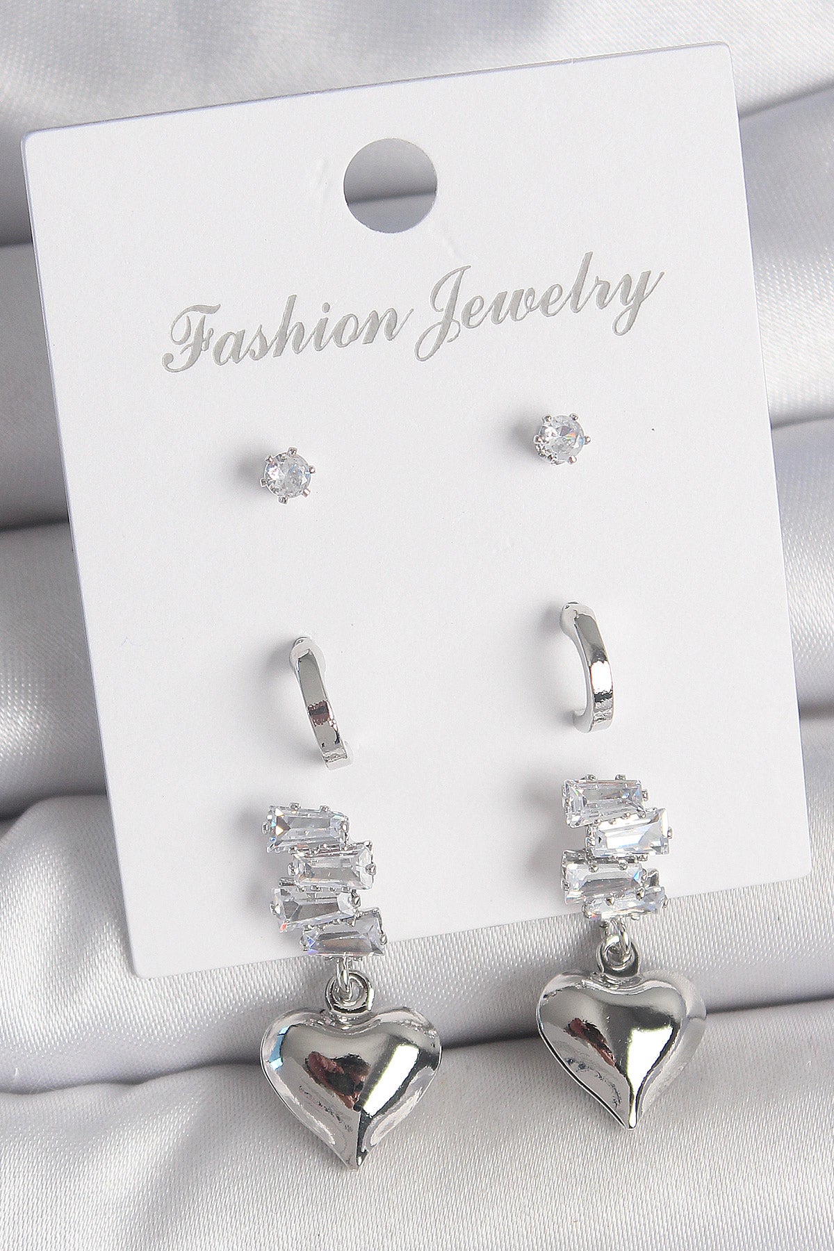 Brass Silver Color Zircon Stone Dangling Heart Model Half Ring Detail 3 Pairs Women's Earring Set