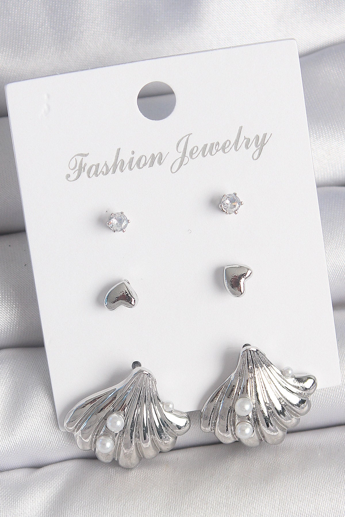 Brass Silver Color Zircon Stone Detailed Pearl Detailed Seashell Model 3 Pairs Women's Earrings