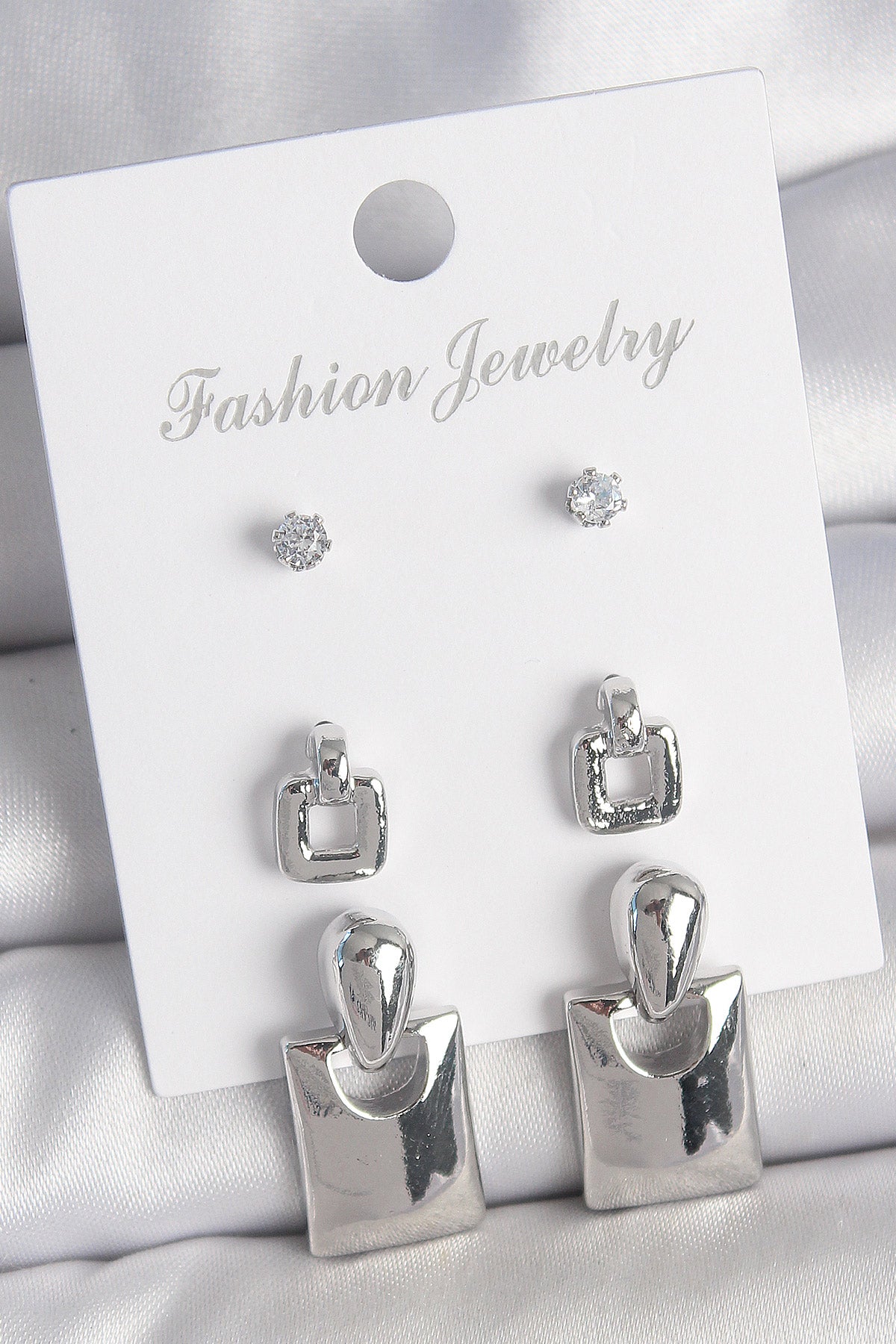 Brass Silver Color Zircon Stone Detailed Dangling Square Model 3 Pairs Women's Earring Set