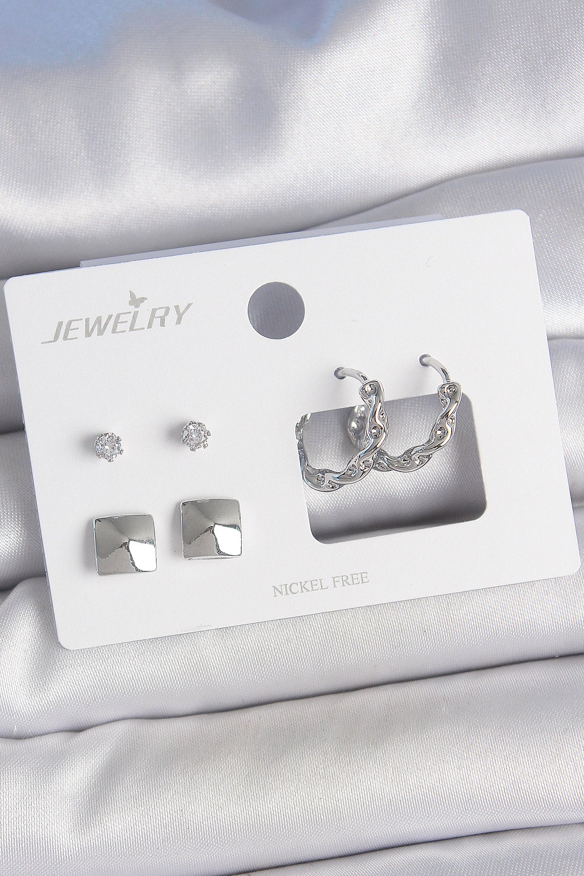 Brass Silver Color Zircon Stone Twist Hoop Model Square Detail 3 Pairs Women's Earring Set