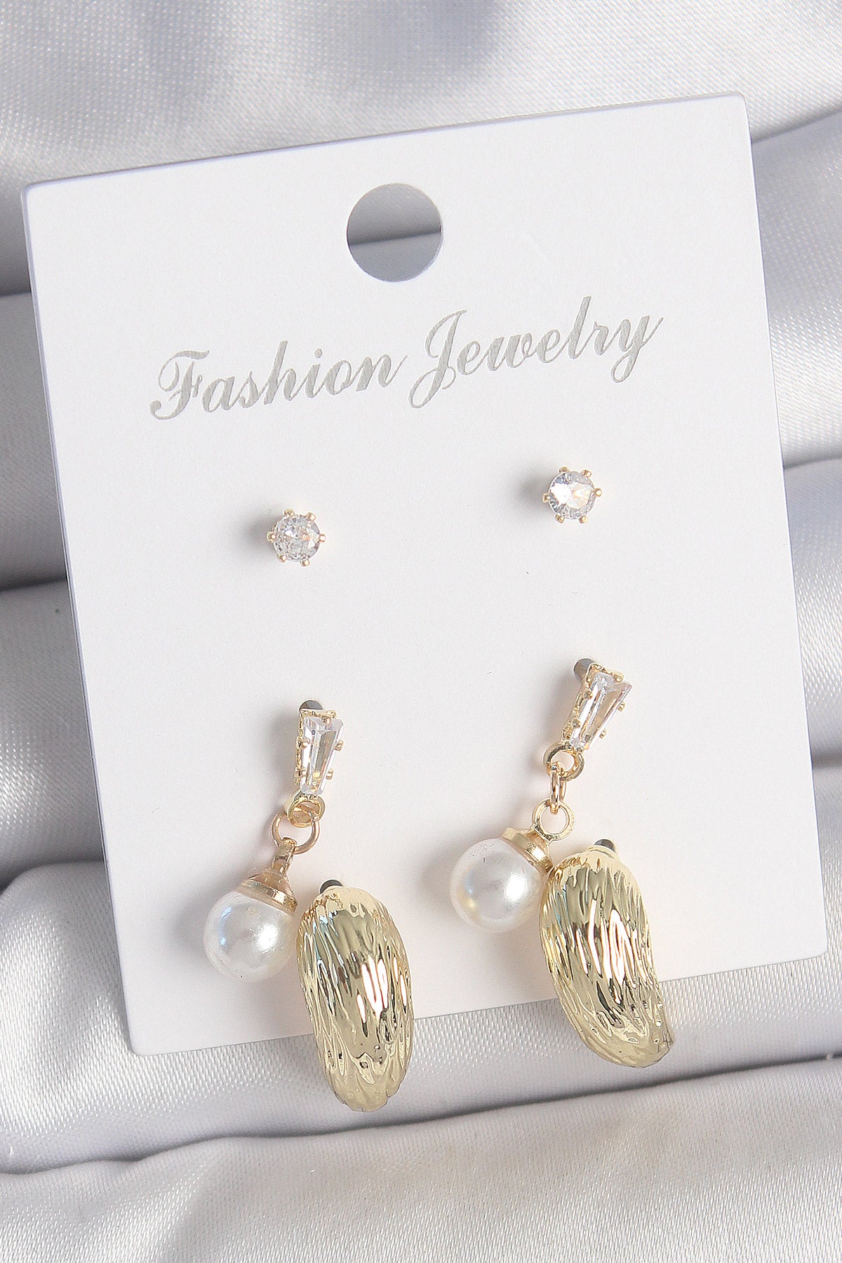 Brass Gold Color Zircon Stone Pearl Dangle Embroidered Drop Model 3 Pairs Women's Earring Set