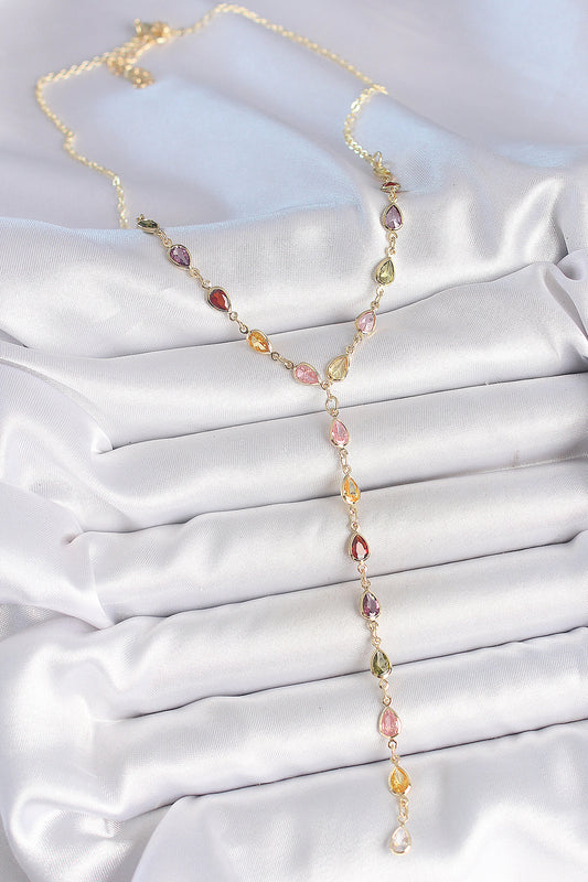 Brass Gold-Tone Multicolor Women's Necklace with Zircon Detail
