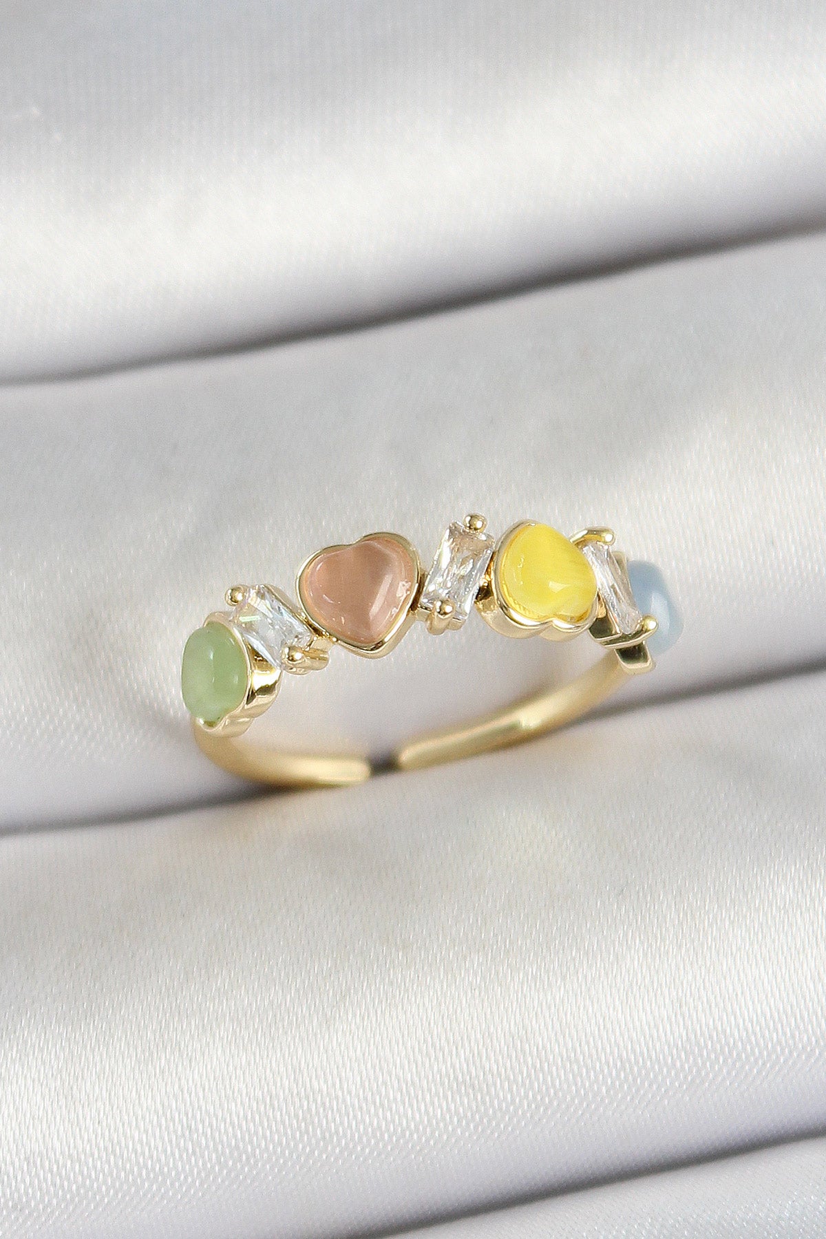 Brass Row Heart Figured Zircon Stone Gold Color Adjustable Women's Ring