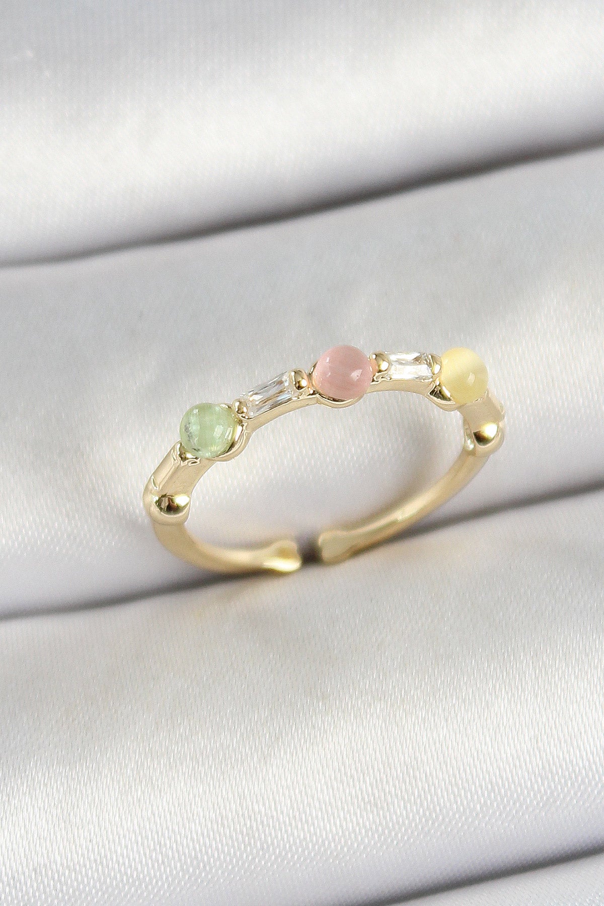 Brass Row Beaded Figured Zircon Stone Gold Color Adjustable Women's Ring