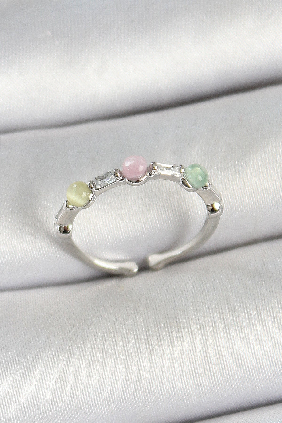 Brass Row Beaded Figured Zircon Stone Silver Color Adjustable Women's Ring