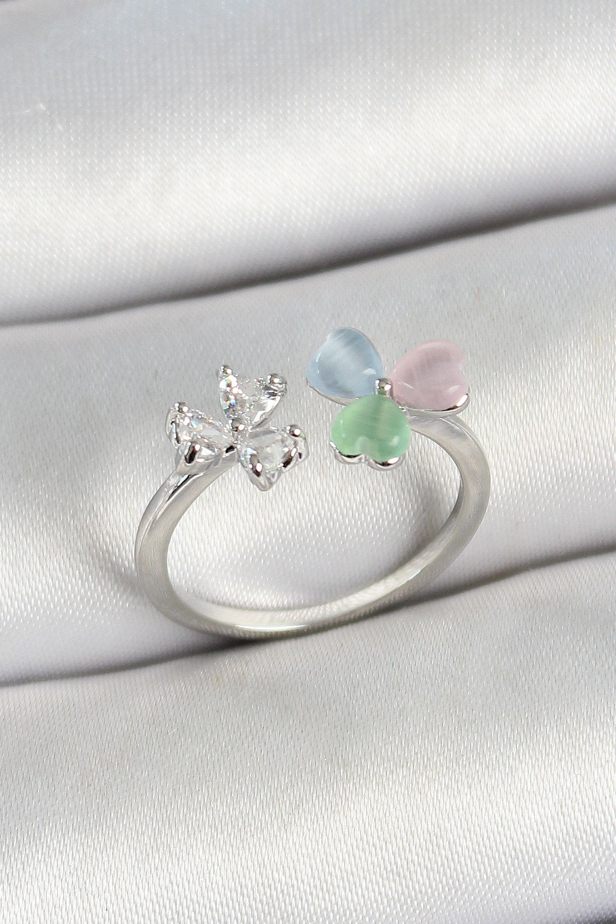 Brass Heart Figured Zircon Stone Silver Color Adjustable Women's Ring