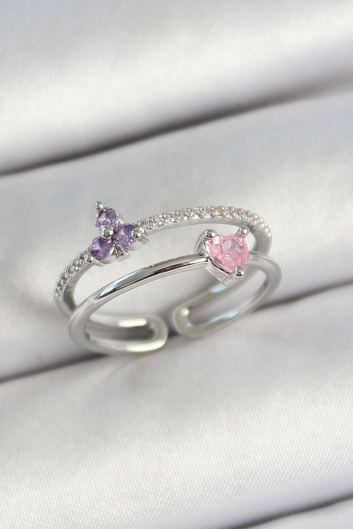 Brass Heart and Flower Figured Zircon Stone Silver Color Adjustable Women's Ring