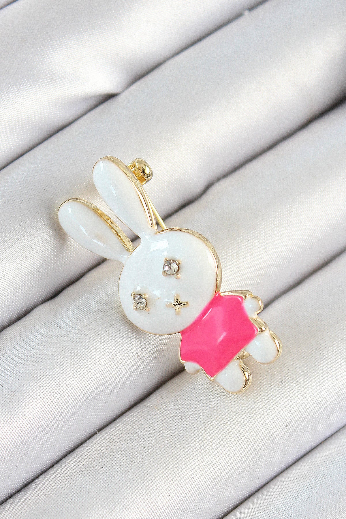 Zircon Stone Detailed White and Pink 3D Rabbit Figured Women's Brooch