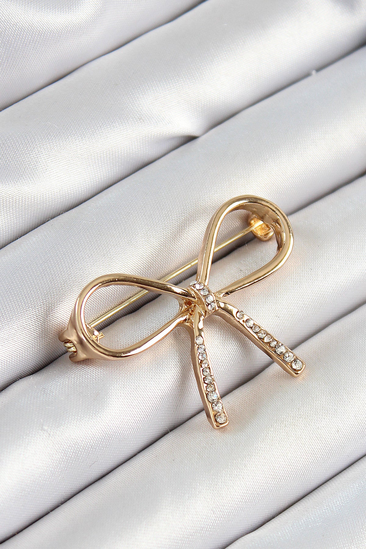 Zircon Stone Detailed 3D Bow Figured Gold Color Women's Brooch