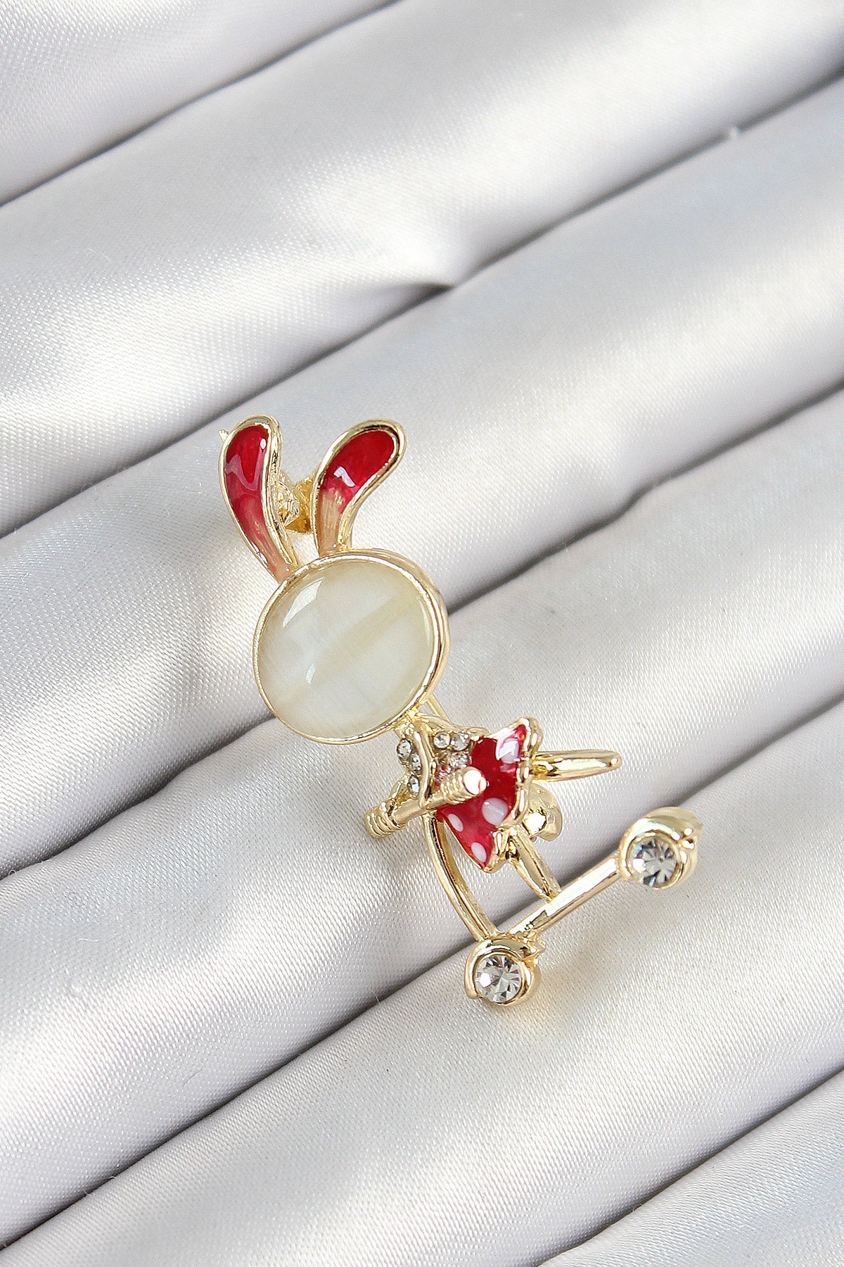 Zircon Stone Detailed Red 3D Scooter Riding Rabbit Girl Figure Gold Color Women's Brooch