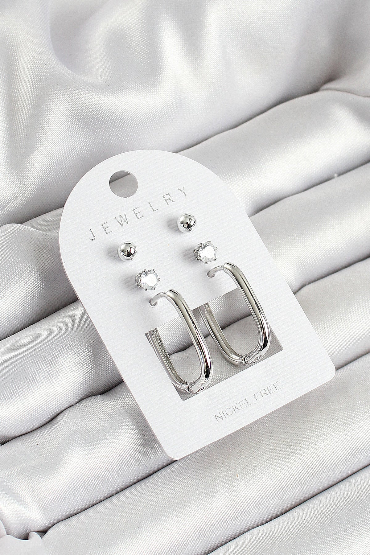 Brass Zircon Stone and Rectangular Figured Silver Color 3-Piece Pair Women's Earring Set