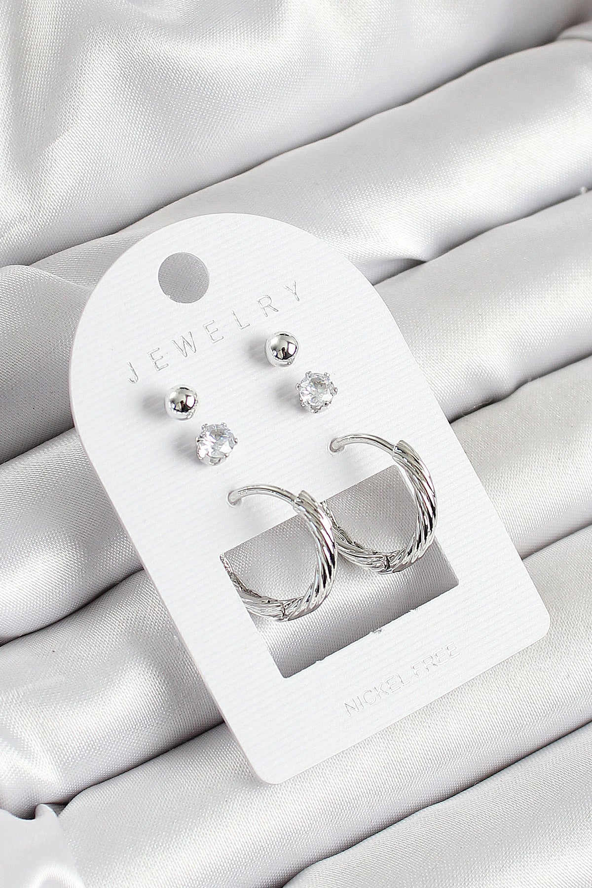 Brass Zircon Stone and Ring Figured Silver Color 3-Piece Pair Women's Earring Set
