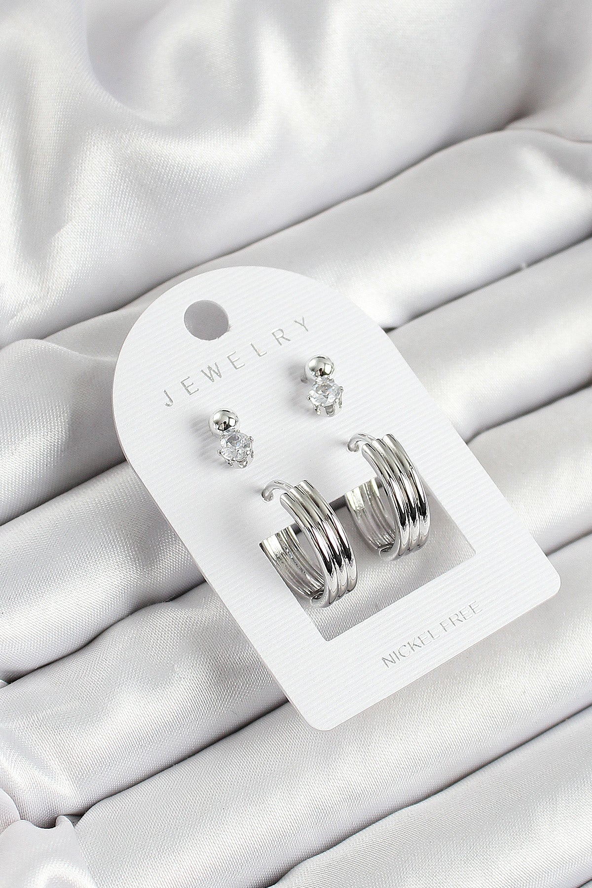 Brass Zircon Stone and Ring Figured Silver Color 3-Piece Pair Women's Earring Set