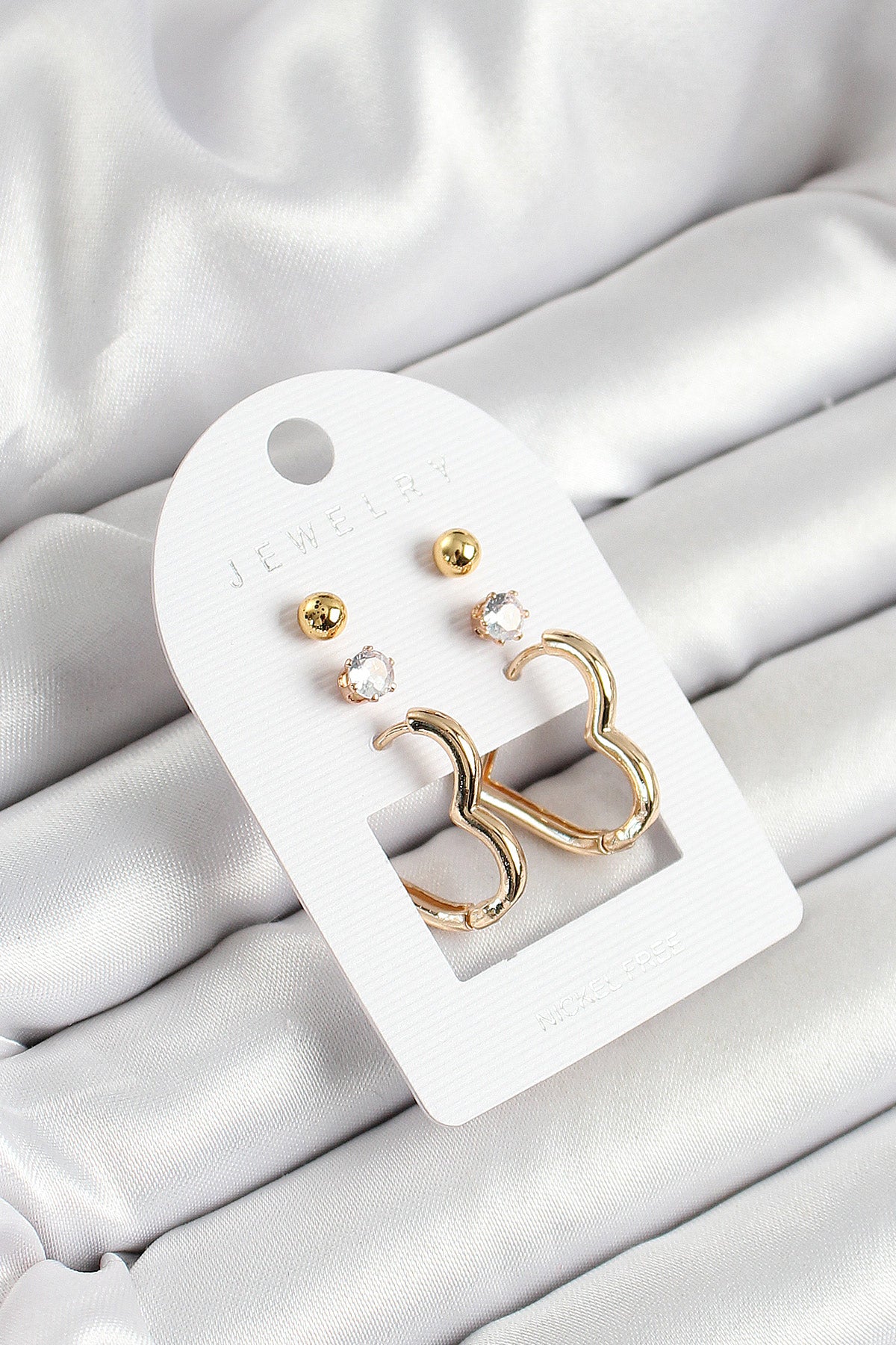 Brass Zircon Stone and Heart Figured Gold Color 3-Piece Pair Women's Earring Set