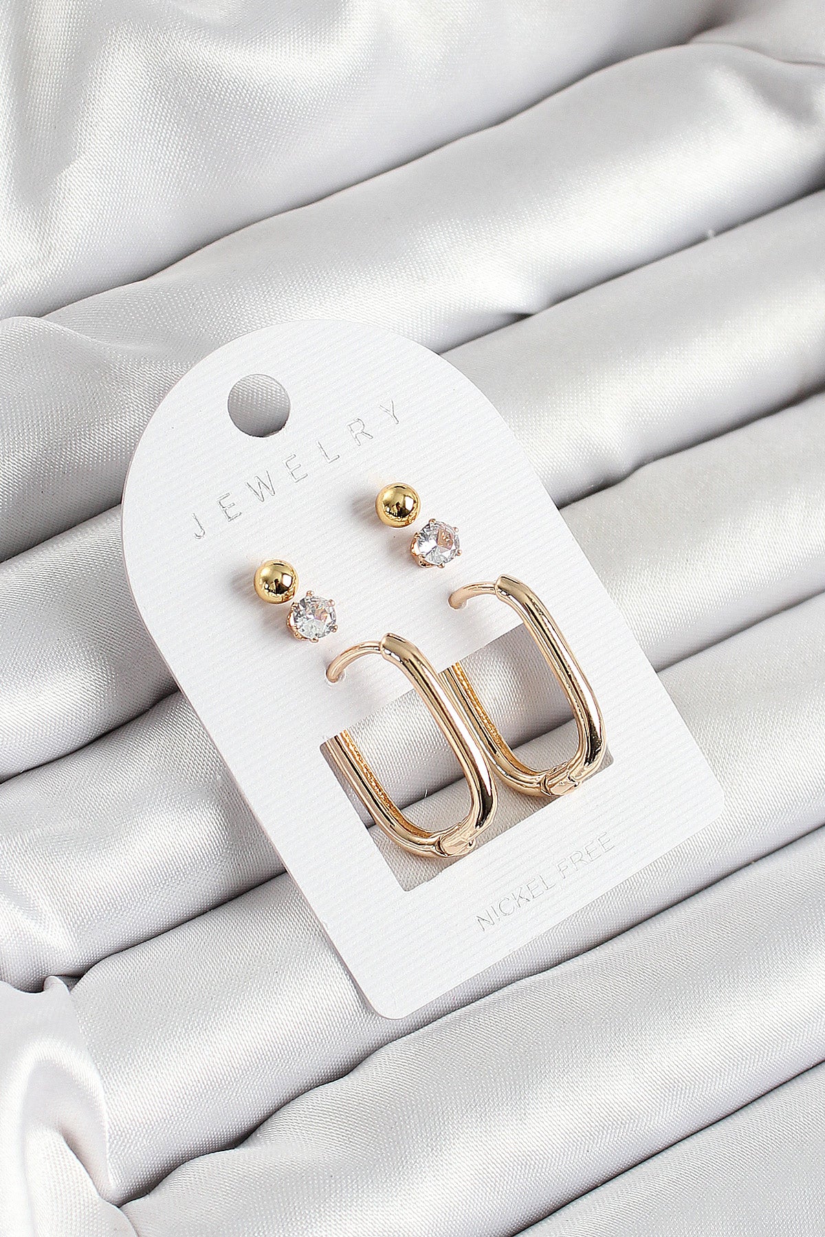 Brass Zircon Stone and Rectangular Figured Gold Color 3-Piece Pair Women's Earring Set