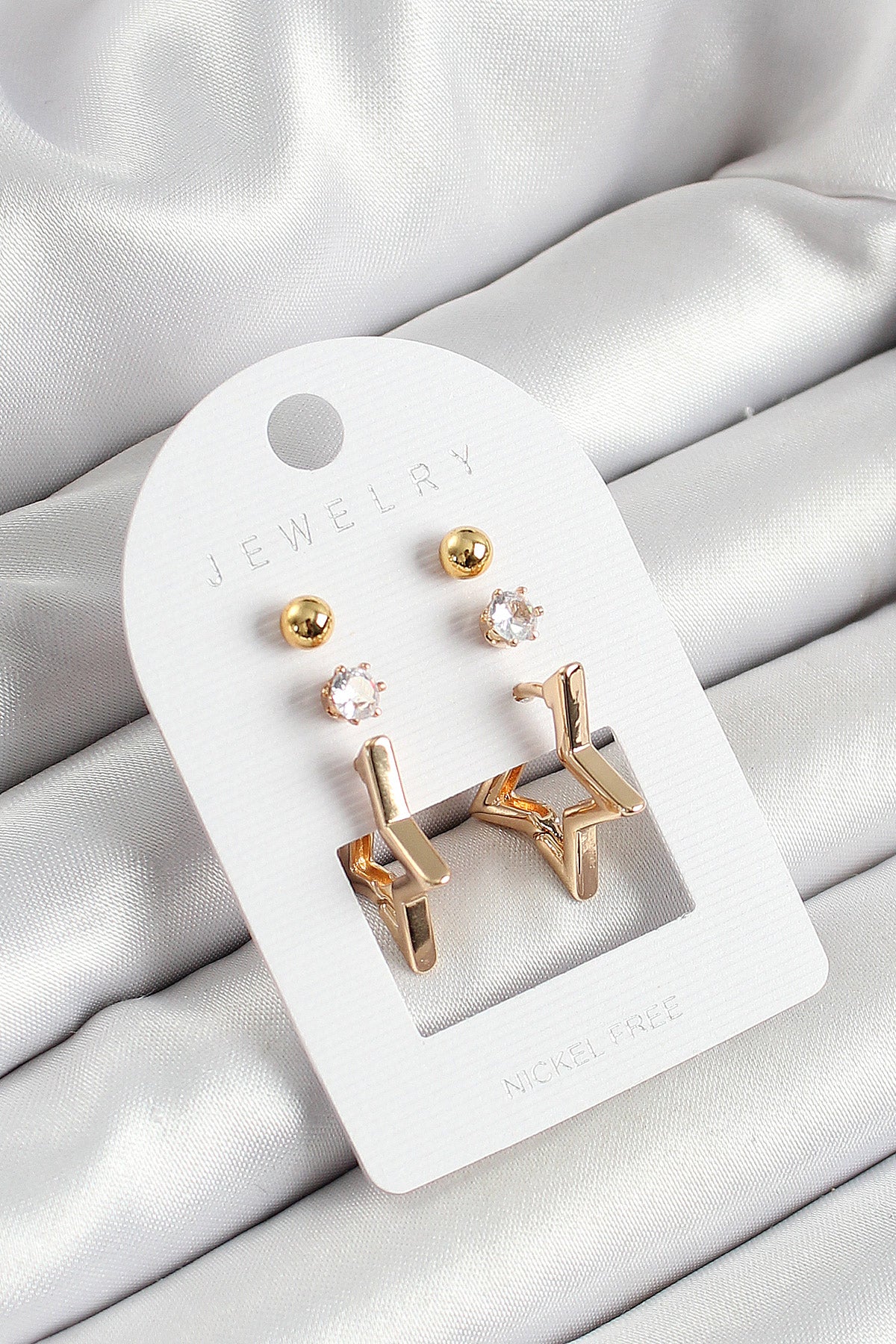 Brass Zircon Stone and Star Figured Gold Color 3-Piece Pair Women's Earring Set